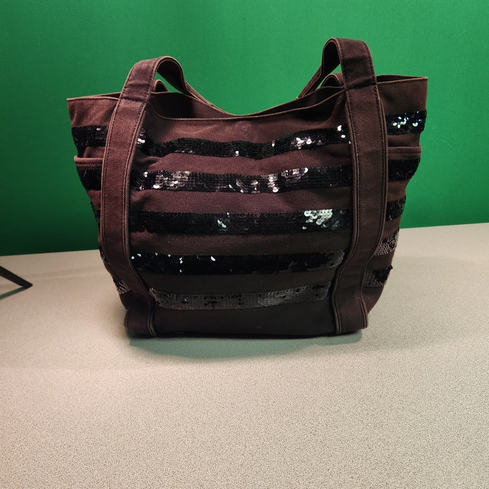 MZ Wallace Brown Tote with Black Sequin Stripes